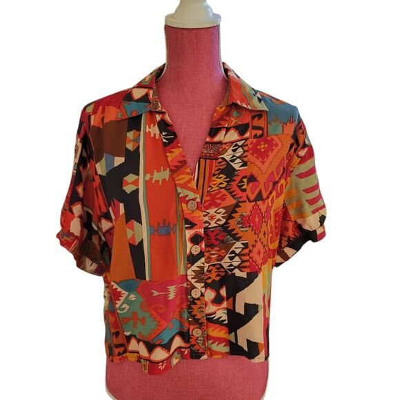 Christian Siriano NY Aztec Print Top Women SM Button Up Artsy Western Festival - Picture 2 of 12